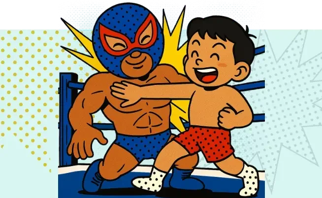 リングの上でマスクマンに楽しそうにビンタをする少年レスラー風のキャラクター