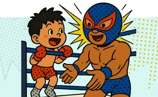 リングの上で跳ねる少年ボクサーと、笑顔で迎えるマスクマンレスラーのポップなシーン